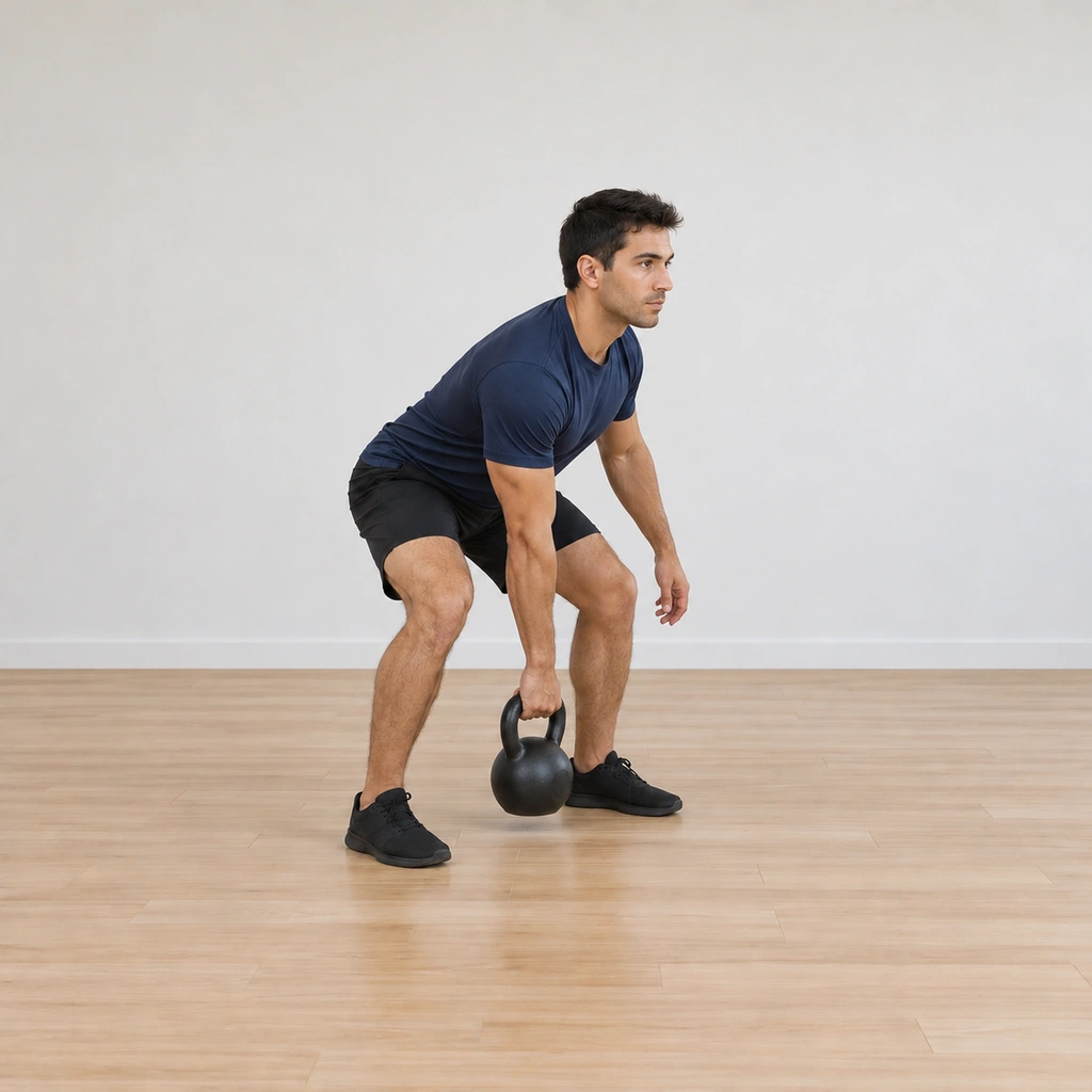He catches the kettlebell's handle with his right hand in front of him, controlling it down toward the floor between his feet.