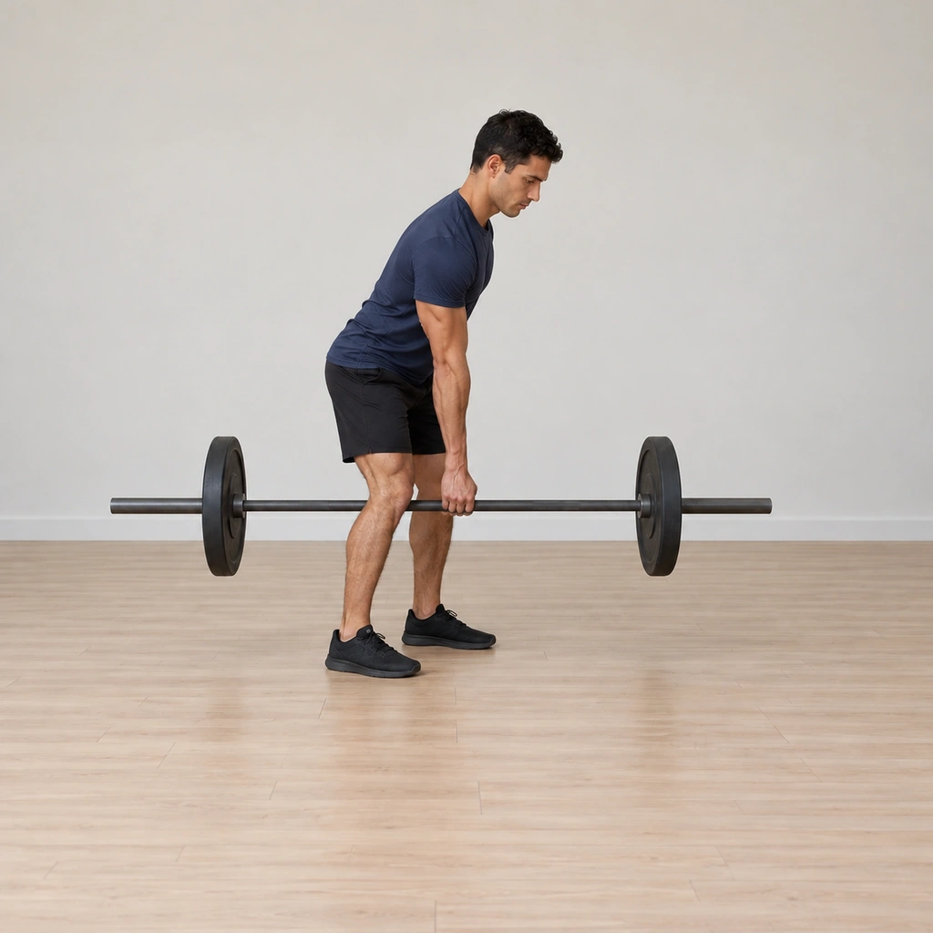 He drives the floor barbell upward one-handed on the leg drive: knees extending, trunk rising, right arm extended straight with the bar hanging at his side mid-lift; left arm still clear.