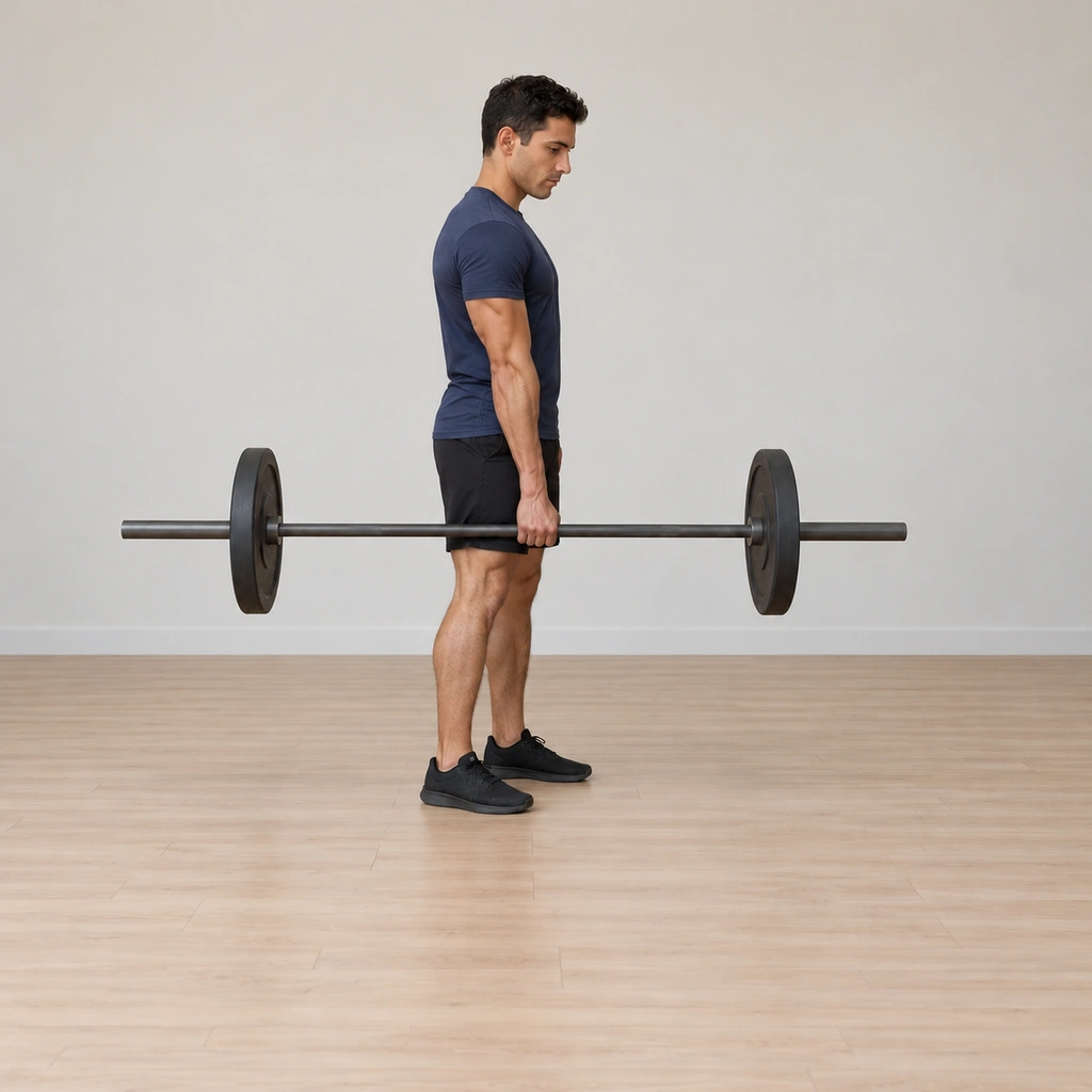 He stands fully upright beside the lifted barbell: legs extended, trunk tall, right arm hanging straight with the bar held at his side at mid-thigh height; left arm clear.