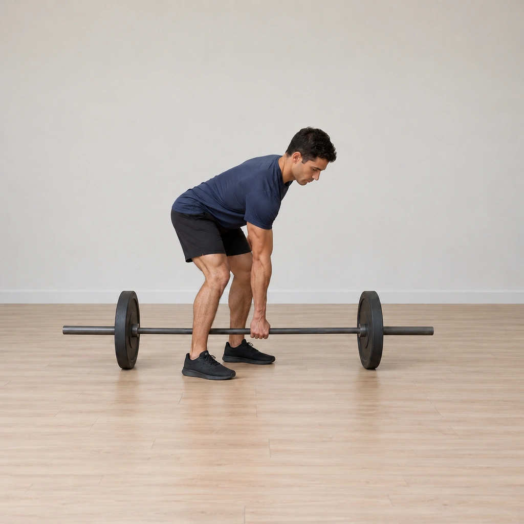 He lowers the barbell back toward the floor one-handed: knees bending and trunk hinging under control, right arm extended with the bar descending beside him toward the floor; left arm clear.