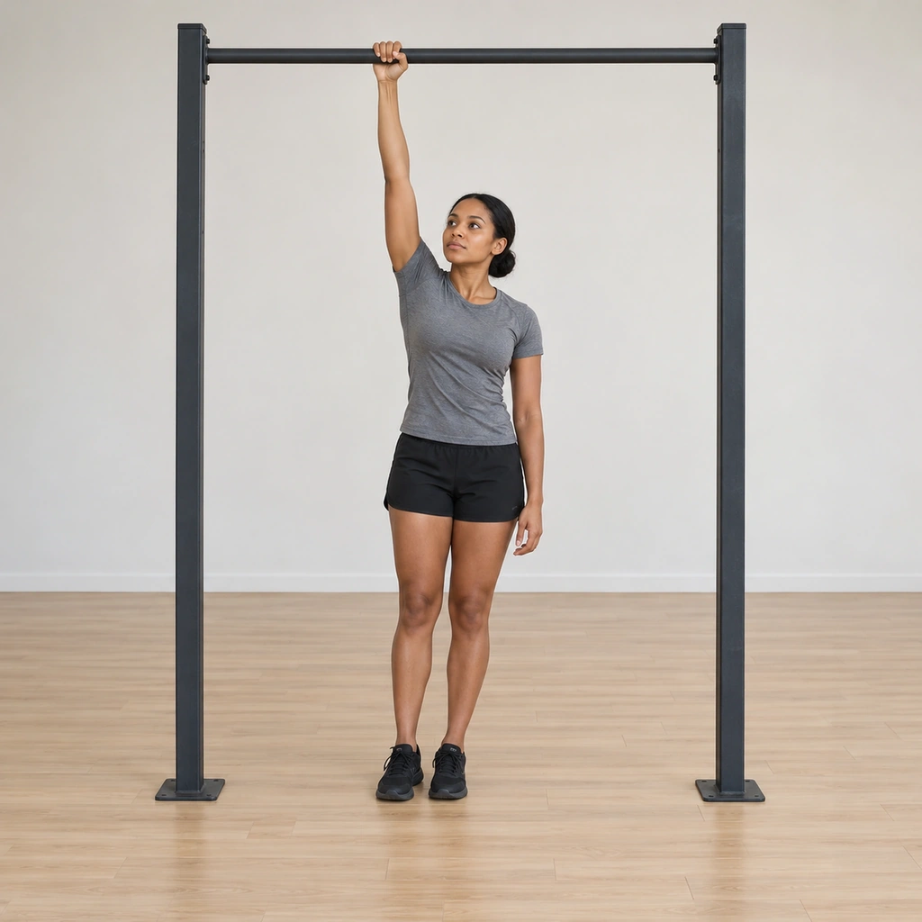 She stands under the bar: her right arm reached overhead gripping the bar with a pronated hand, her feet planted on the floor under her, the left arm hanging free at her side.