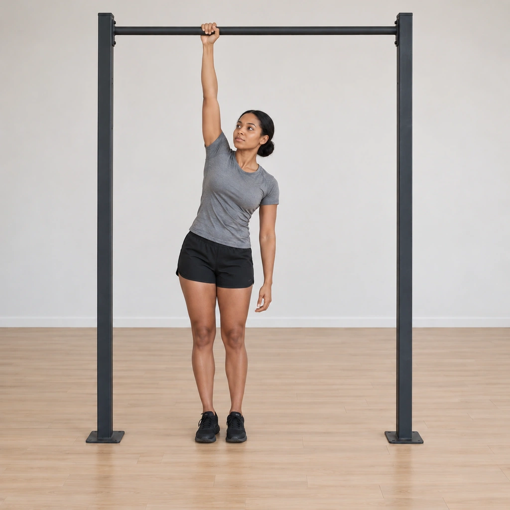 She settles into the load: body leaning so the majority of her weight hangs from the right hand on the bar, shoulder drawn down into the stretch, feet still flat on the floor sharing only the remainder.