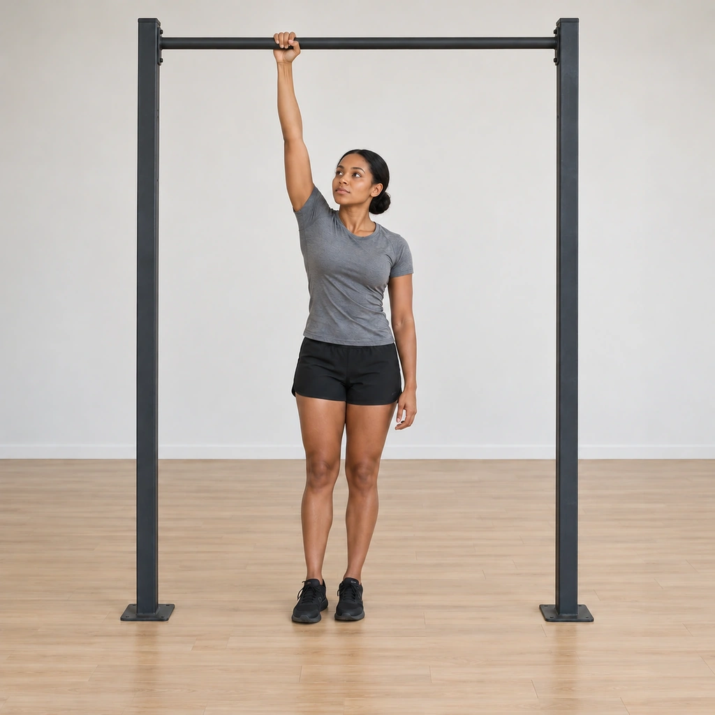 She holds the one-handed hang: the same single pronated grip carrying the majority of her weight, feet grounded, the shoulder settled into the held stretch, gaze level.