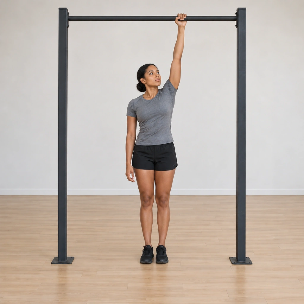 She has switched sides: her left hand now grips the bar pronated with the majority of her weight settling onto it, the right arm hanging free, feet still flat on the floor.