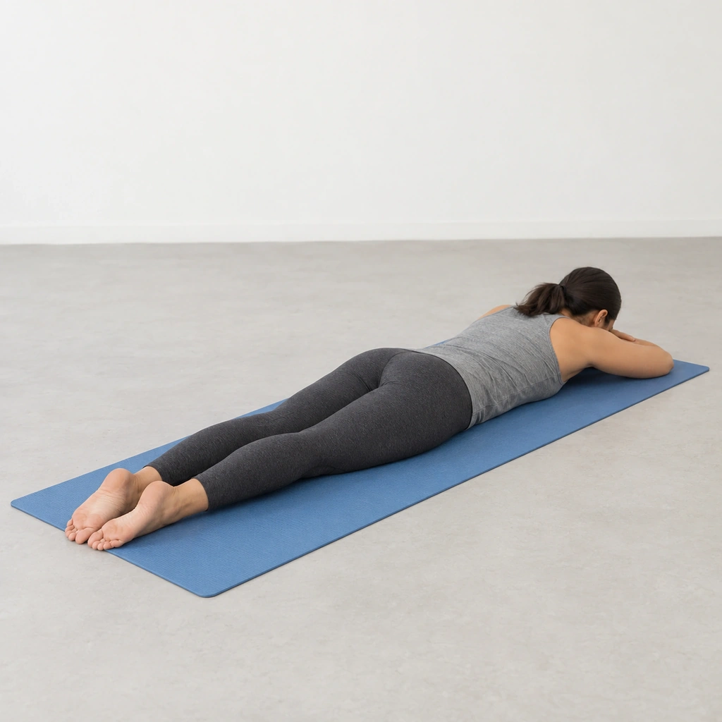 A woman lying face down on an exercise mat, her forehead resting on her folded arms, both legs straight and together on the mat.