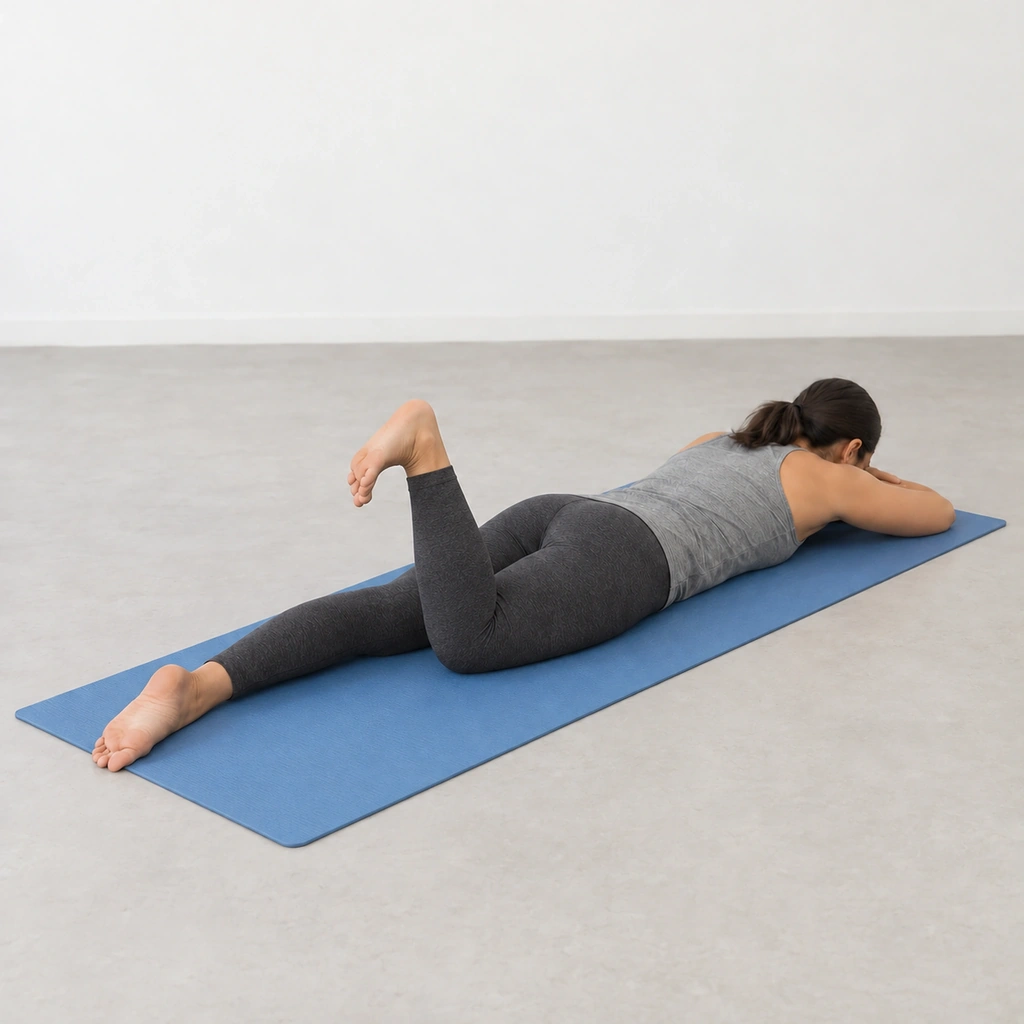 The same woman face down, her right knee still pulsed further than the 90-degree start, but now her toes point down toward the floor instead of up.