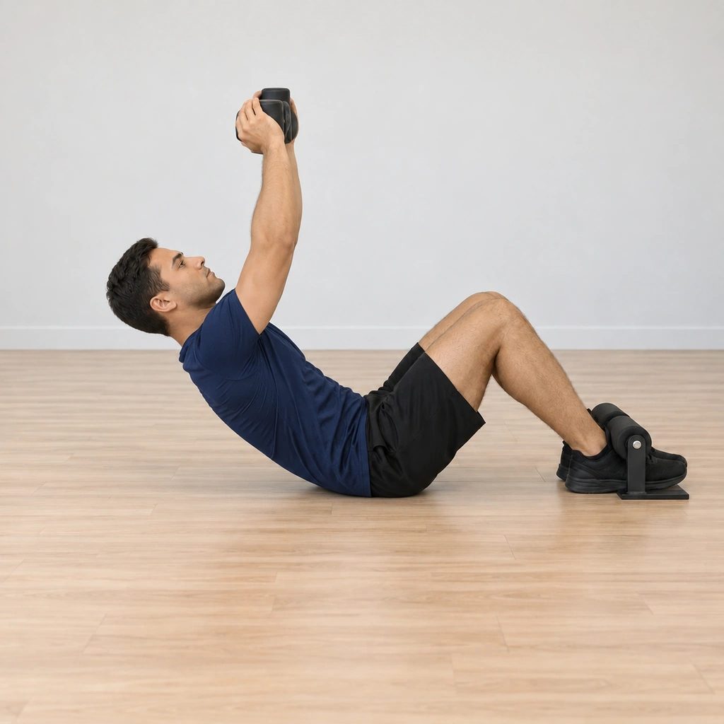 He is rising: the torso is curling up off the floor while the dumbbell travels upward from the chest, arms extending, feet still anchored.