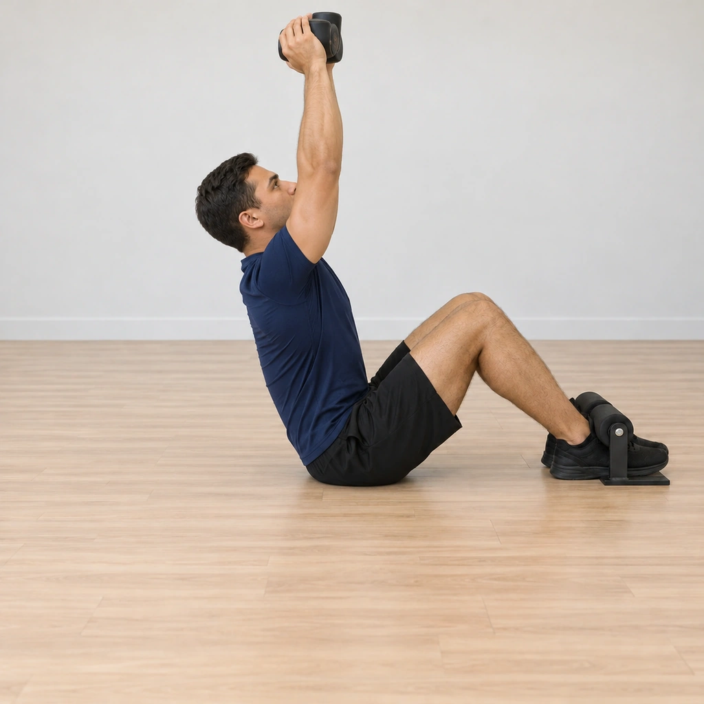 He is upright at the top of the sit-up with the dumbbell pressed overhead on extended arms, feet still anchored and knees still bent.