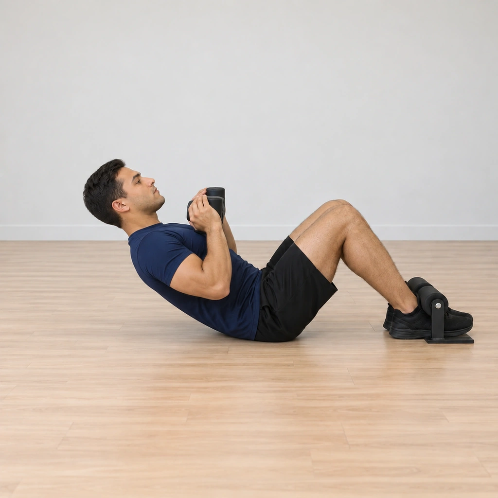 He is lowering with control: the dumbbell is back at his chest while his shoulders hover just off the floor, the body never fully lying back down.