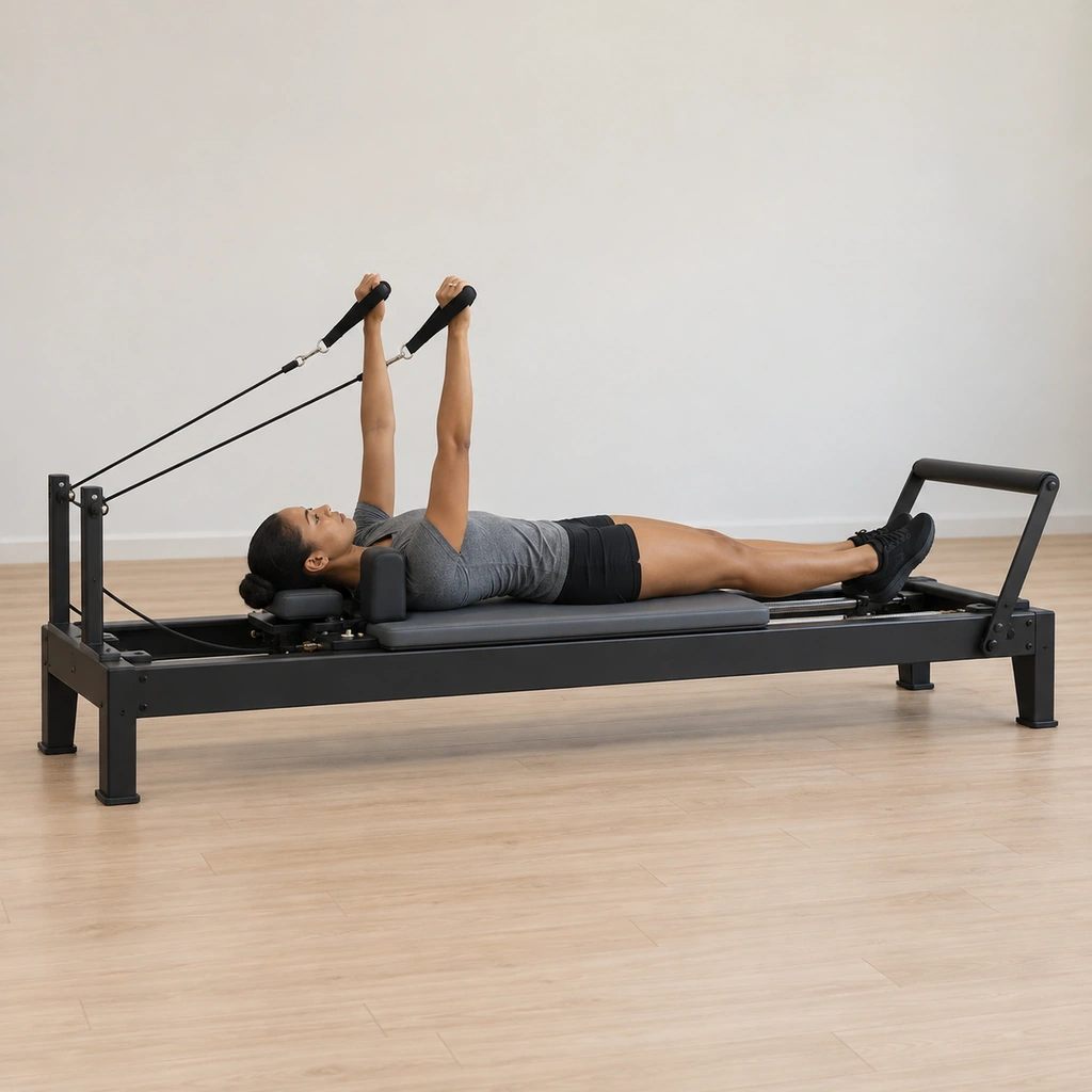She lies supine on the carriage, a strap handle in each hand with her arms reached straight to the ceiling, her legs long together on the carriage and her gaze up.