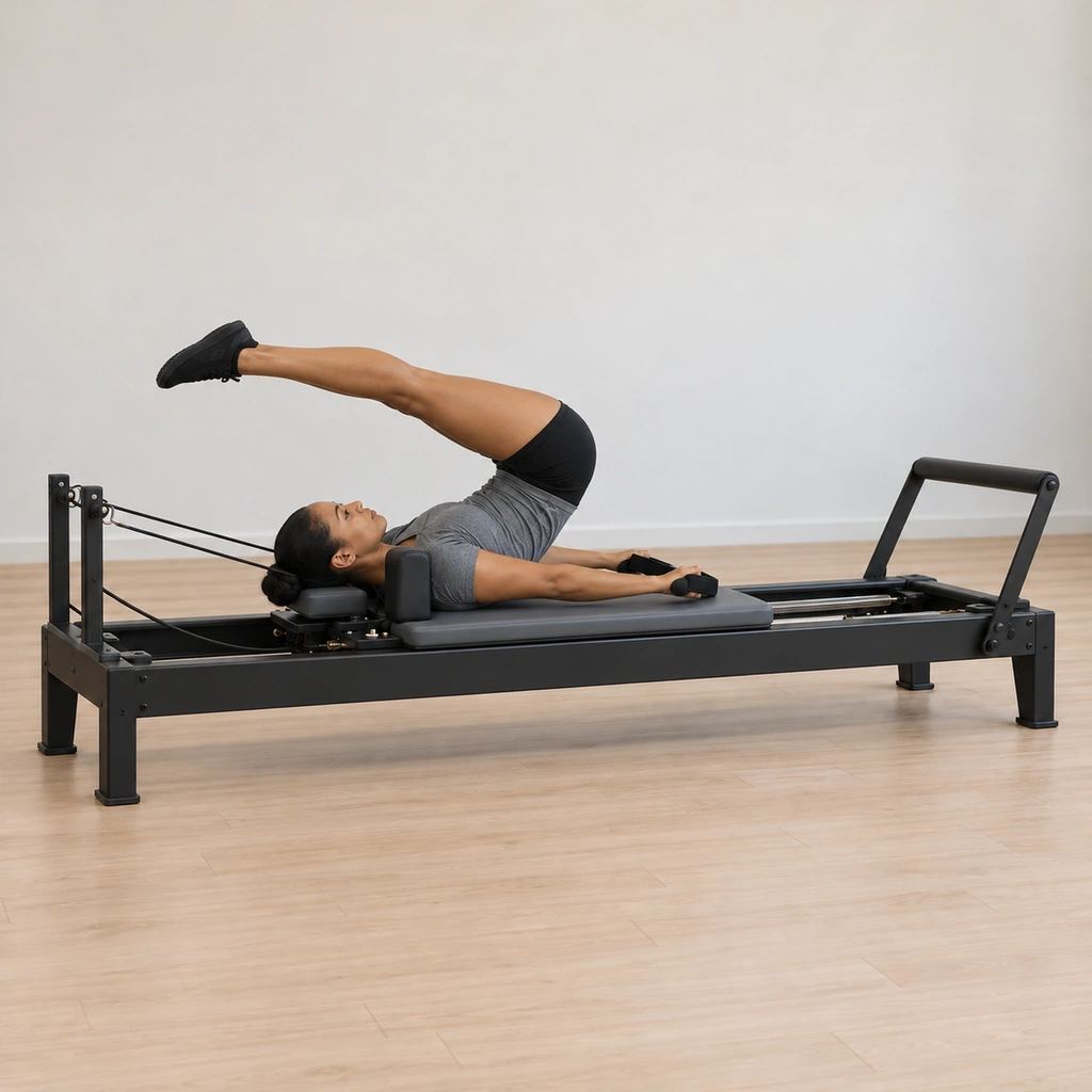Her arms have pressed down to the carriage while her legs have lifted up and over, her hips lifted overhead as her whole arm presses down, her legs reaching long behind but not toward the well.