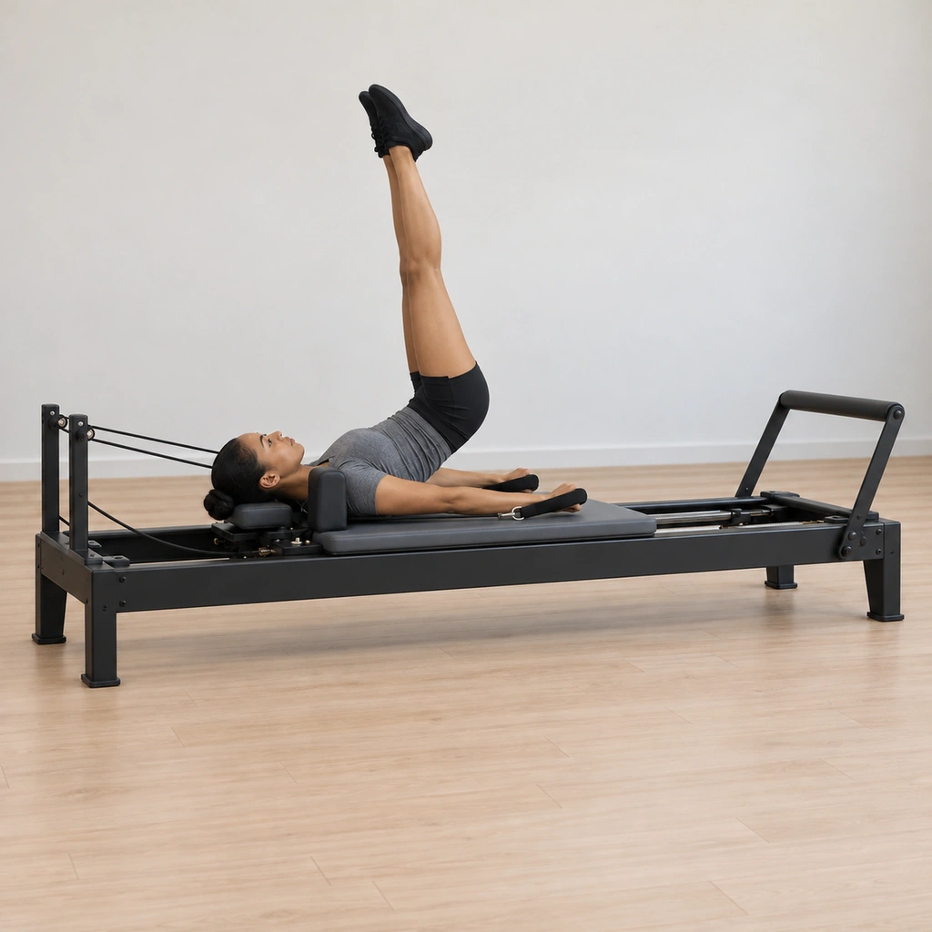 Her legs have lifted back to the sky as her spine rolls down toward the carriage vertebra by vertebra, her hips still lifted and her gaze held to the ceiling.