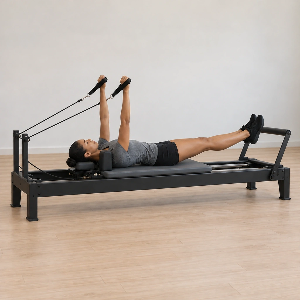 Her legs are reaching long down toward the lowered footbar as her arms lift back to the ceiling, the carriage returning home under control with her shoulders pressed back.
