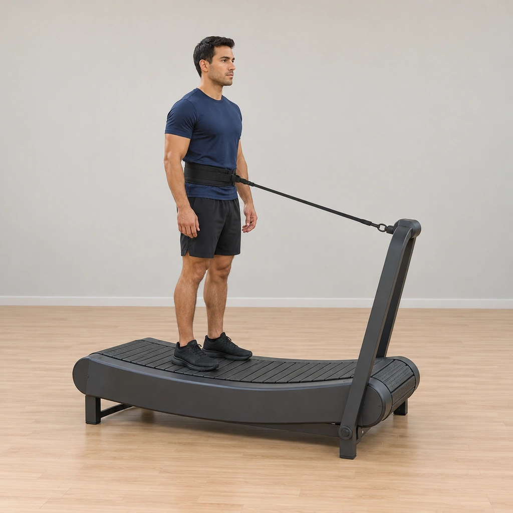 He stands tall on the curved treadmill deck wearing the waist belt; the tether line runs taut from the belt to the front of the frame, feet set under the hips.