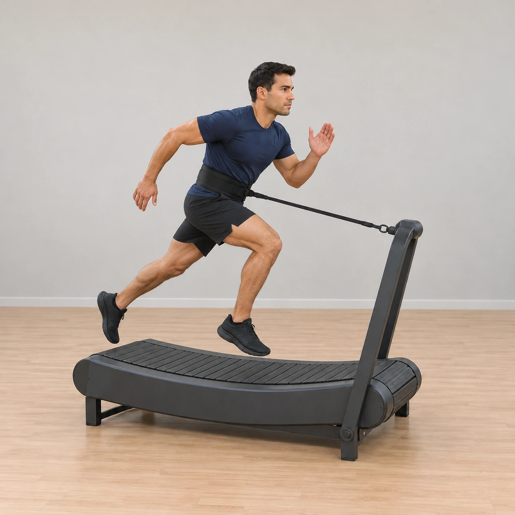 He leans into the drive: torso inclined forward, one leg extended behind pushing the deck backward while the front knee lifts, the tether loaded against the belt.