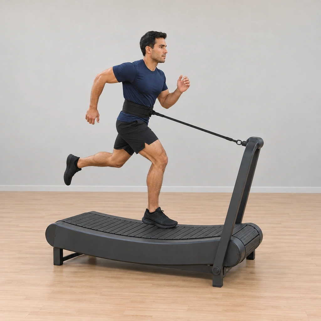 He is in full stride on the curved deck, one foot striking under the hips and the other leg swinging through, torso tall-leaning, the tether hard against the belt.