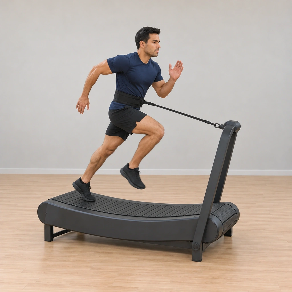 He holds the sprint on the curved deck, the opposite leg now striking under the hips, torso driving forward, the tether still loaded against the belt.