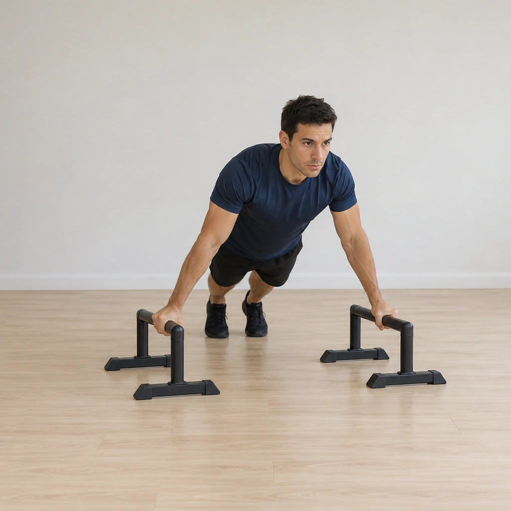 He holds a straight-arm push-up plank with his hands on two widely set parallettes, body in one line, upper back braced.
