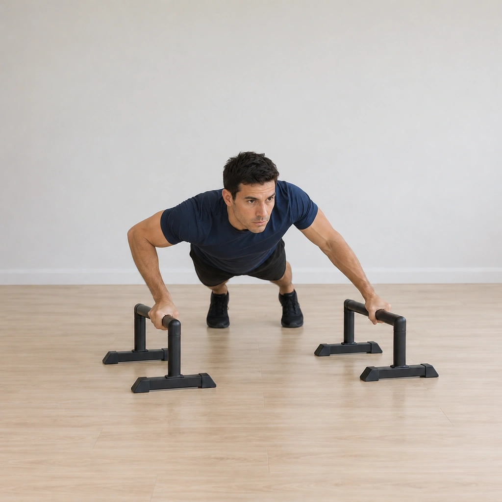 He is sinking his chest toward his right hand: his right arm bends under him while his left arm stays straight, the plank line held.