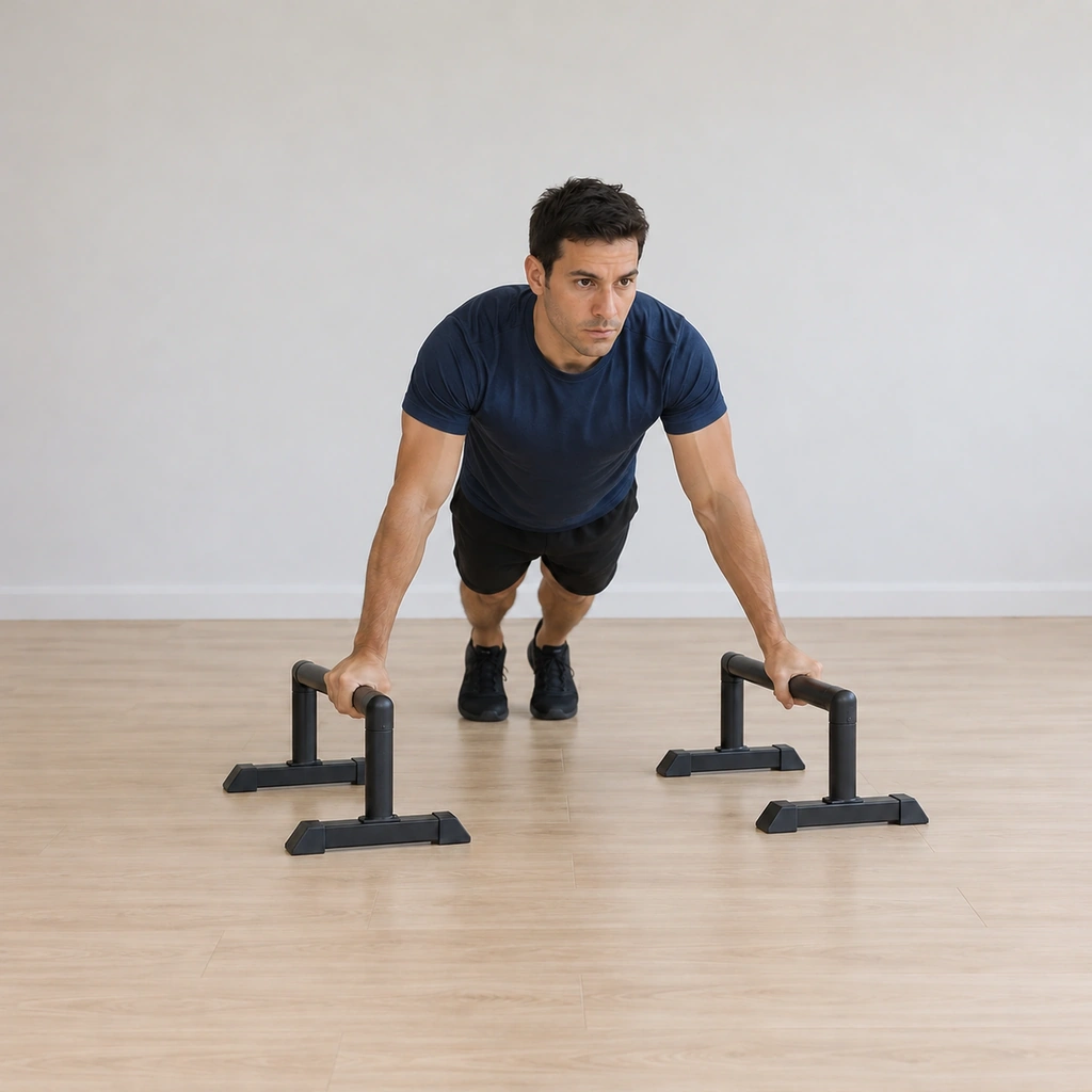 He has pressed back up to the centred straight-arm support between the parallettes, arms long again, plank line held.
