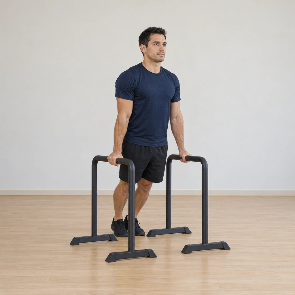 He supports himself above the parallettes on straight locked arms, shoulders set down, feet resting lightly on the floor behind for support.