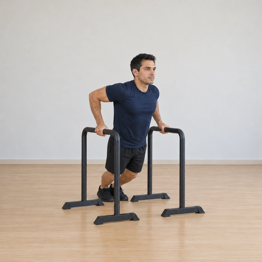 He lowers between the parallettes, elbows bending to about ninety degrees, shoulders staying set, feet still resting behind.