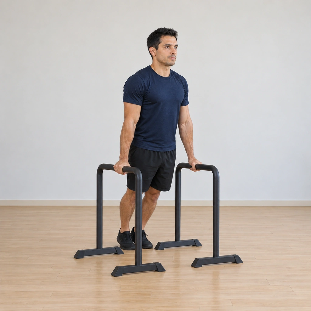 He presses through the parallette rails, extending his elbows to lift back toward the locked-arm support.