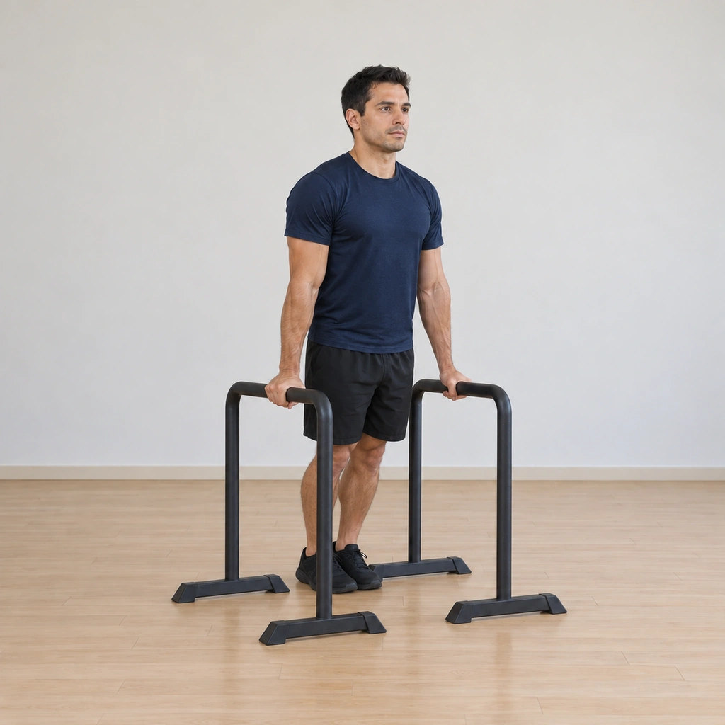 He holds the locked-arm support above the parallettes again, shoulders set down, feet resting behind, settled between reps.