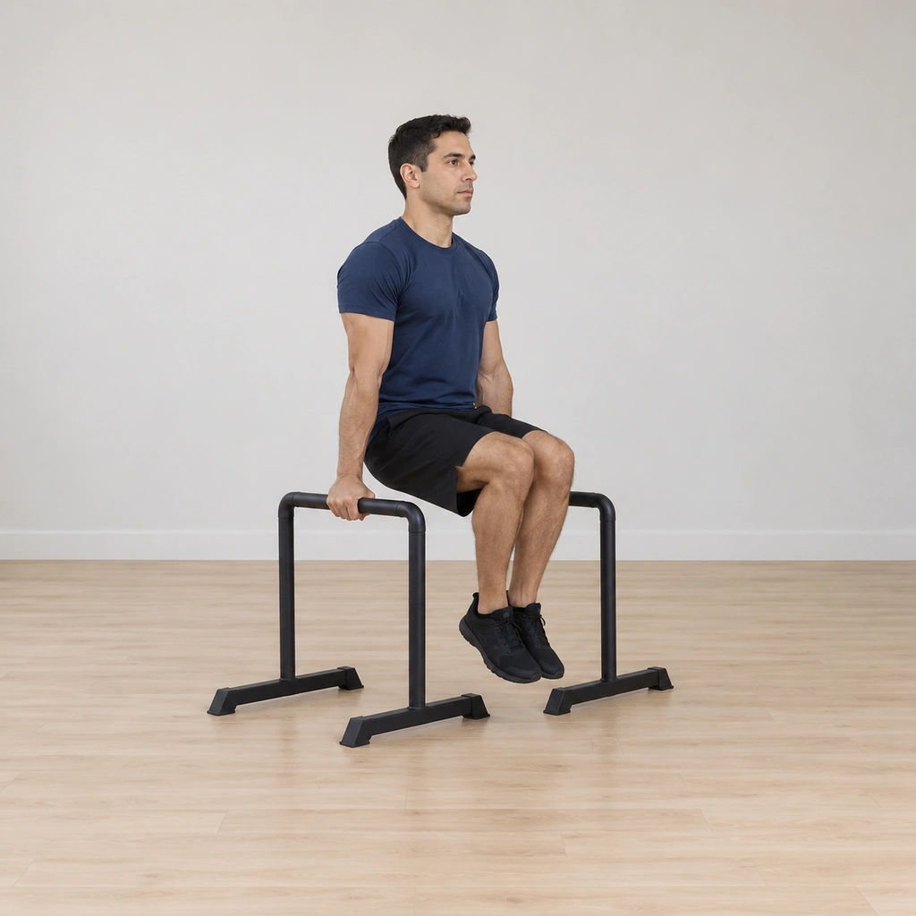 He supports his weight on straight locked arms between the two parallettes, legs hanging clear of the floor, shoulders pressed down.
