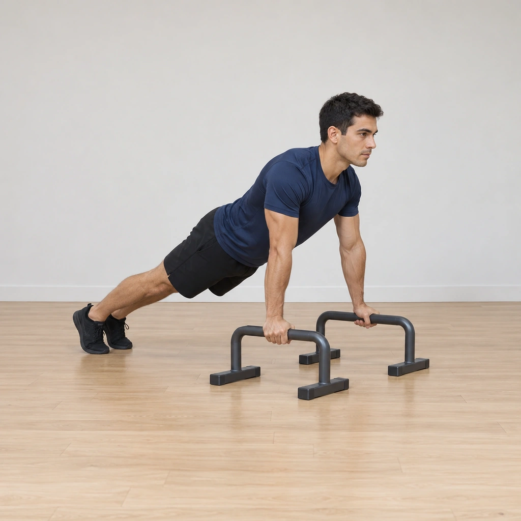 He supports on both parallettes with straight arms, body in a rigid push-up line, toes on the floor behind him, head neutral.