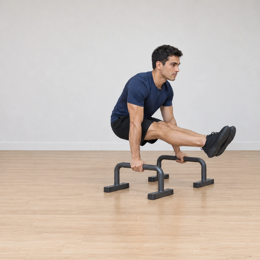 His legs swing forward under his body between the bars, hips raised, knees beginning to extend toward the L-sit line, arms still straight.