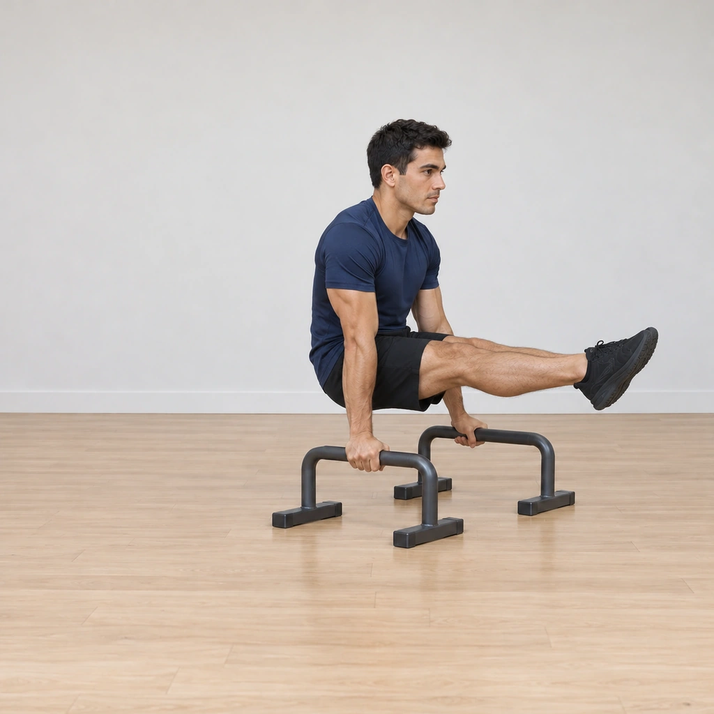 He holds the L-sit between the bars, legs extended forward roughly parallel to the floor, arms straight, toes pointed, feet off the floor.