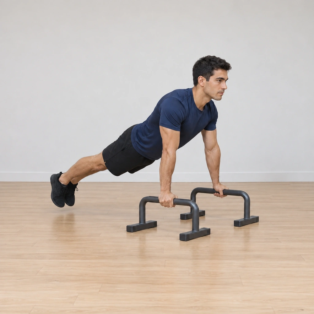 His legs swing back under his body between the bars toward the support line, hips lowering, body returning toward the push-up plank, arms straight.
