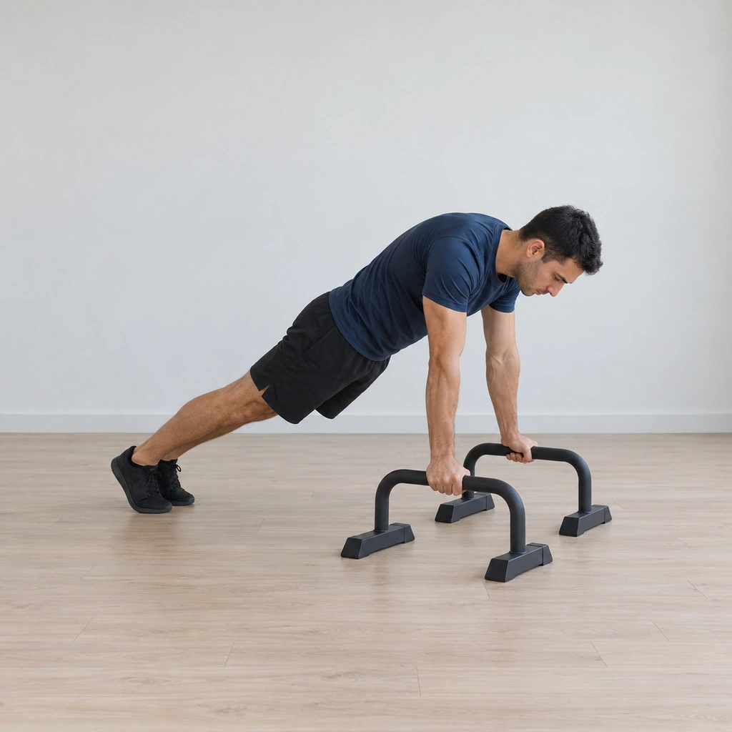 He holds a straight push-up line gripping the parallette rails: arms locked vertical under his shoulders, body long from head to heels, toes anchored on the floor.