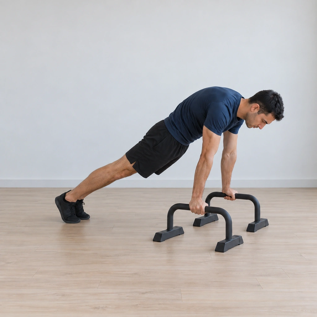He has begun the lean: shoulders travelling forward ahead of his hands, arms still locked, body line still long, toes still anchored; his back rounds into protraction.