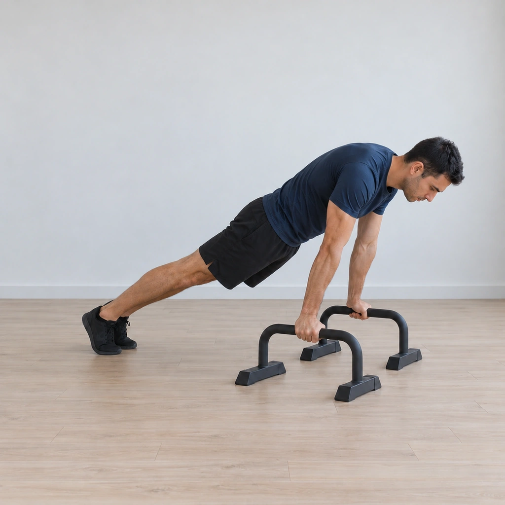 He holds the full planche lean: shoulders well ahead of his hands over the rails, arms locked, back fully rounded in protraction, toes still anchored and the body line still long.