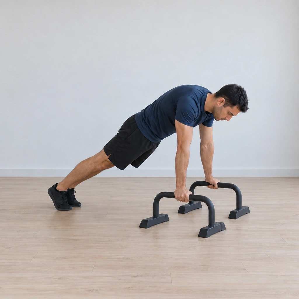 He has eased back to the vertical push-up line: shoulders returned over his hands, arms still locked, body long, toes anchored - the cycle complete.