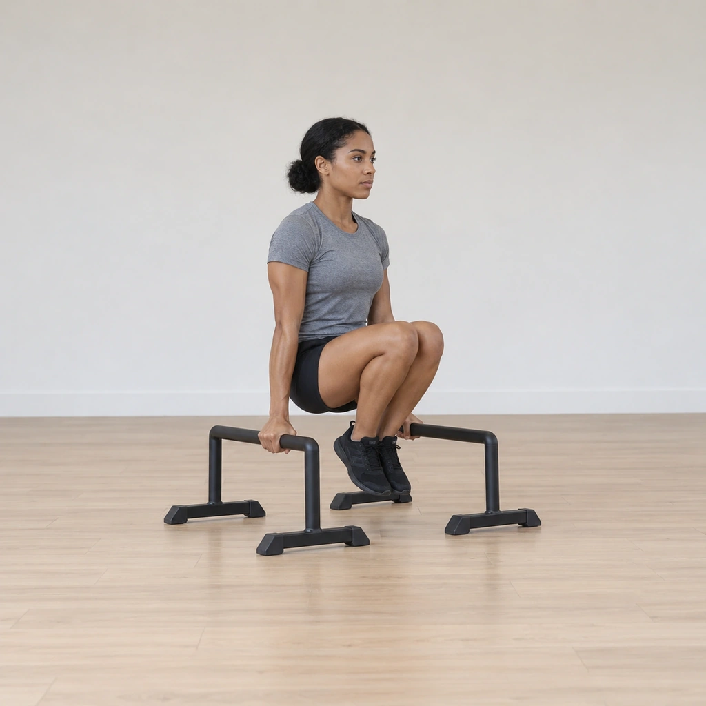 She hangs supported between the parallettes: both arms locked straight under her shoulders, her body off the floor, her legs gathered bent beneath her.