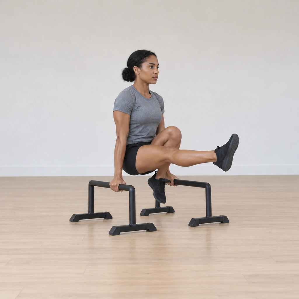 She holds the support with her right leg extended straight forward at hip height in the L line, her left leg still bent beneath her; her arms stay locked.