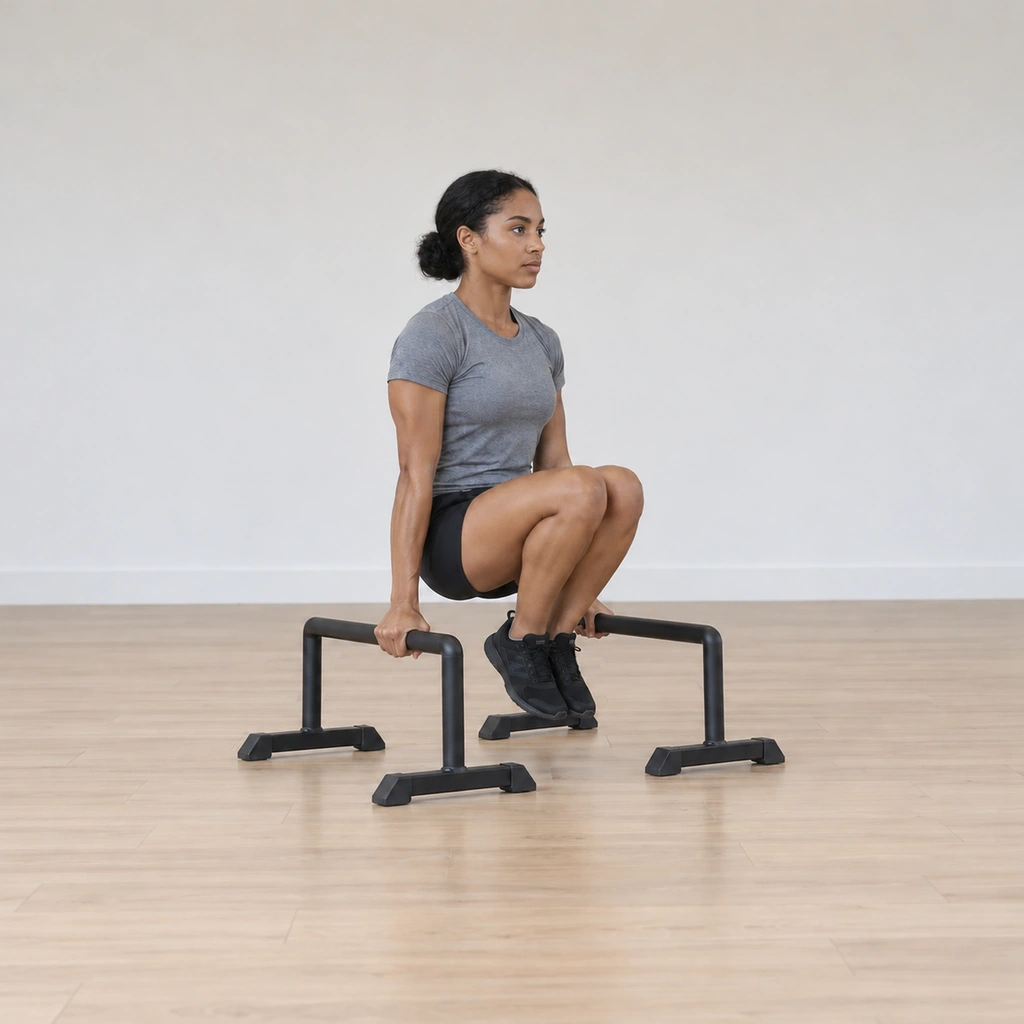She has drawn both legs back beneath her into the gathered support: arms still locked, body suspended, both knees bent under - the mid-point of the switch.