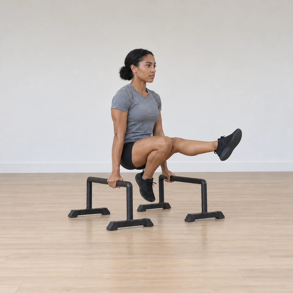 She holds the support with her left leg extended straight forward at hip height in the L line, her right leg now bent beneath her - the alternated side; her arms stay locked.