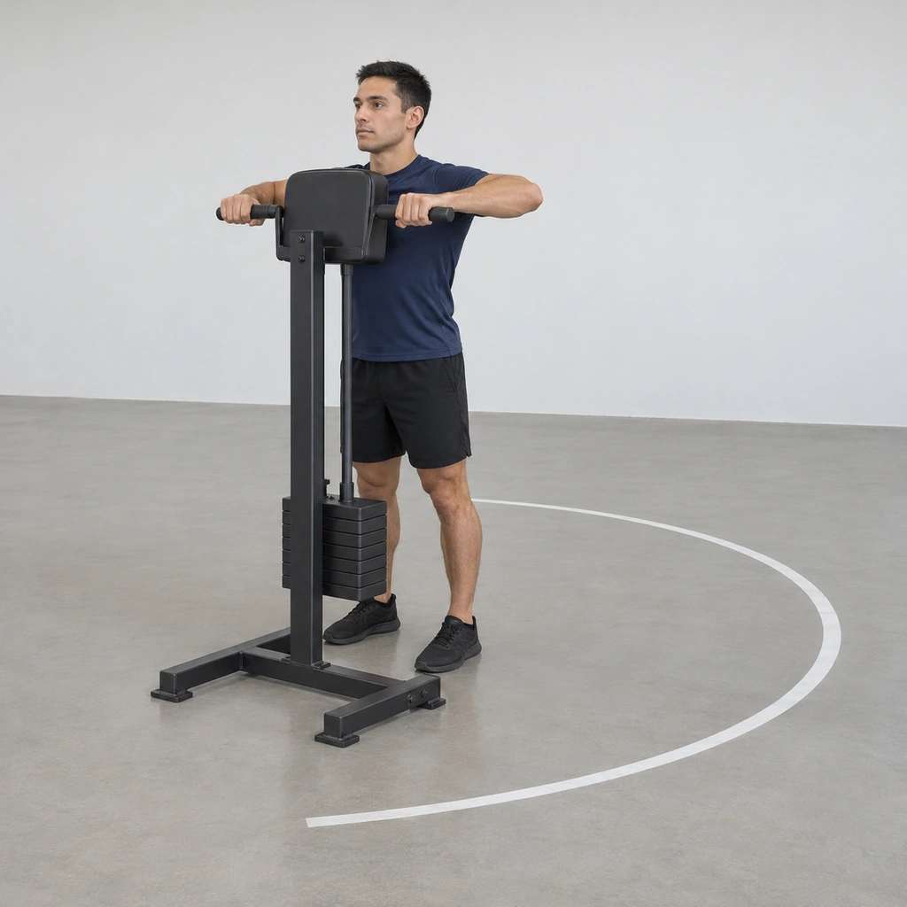 A man at a plain machine grasping two handles, the weight stack lifted just clear of its base, standing square to the pad.