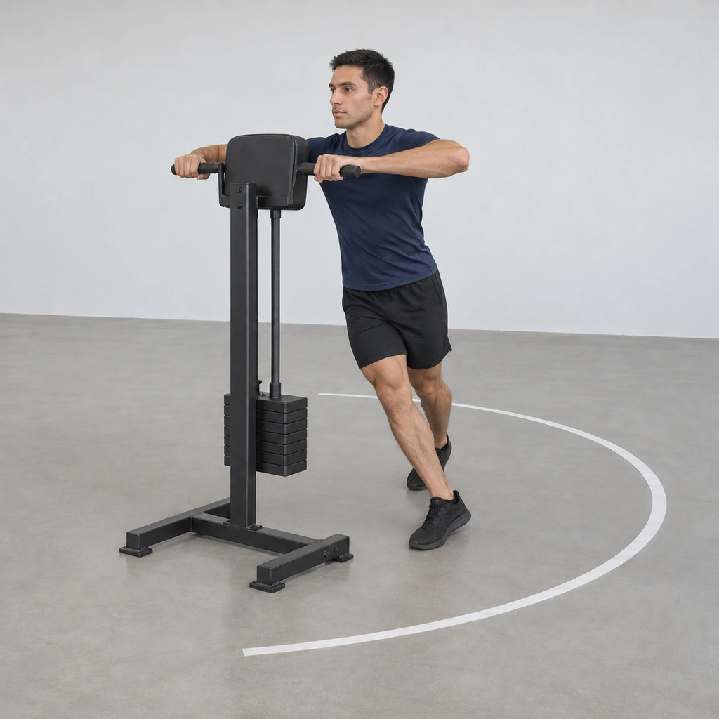 A man travelling sideways along the painted arc, the trailing foot crossing over in front of the lead leg, hips turned into the direction of travel, body in a rigid lean-line, pad still on his chest.
