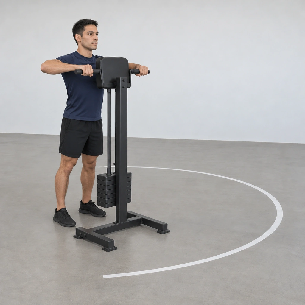 A man back at the front of the machine, lowering the weight stack to its base under control, body upright, hands still on the handles.