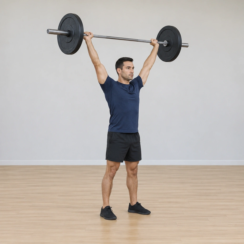 He stands tall with his feet shoulder-width apart, the barbell pressed straight overhead on fully locked elbows, his hands wide on the bar, the plates stacked over his shoulders, his chest upright and his eyes forward.