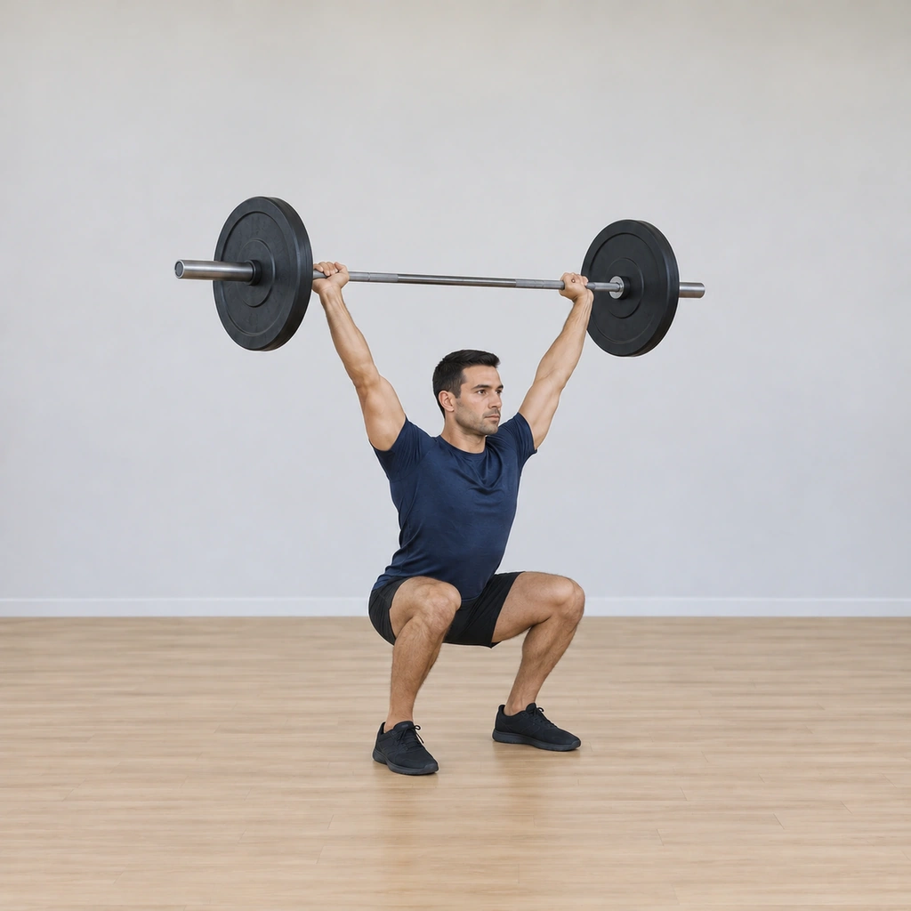 He is paused mid-squat with his thighs exactly parallel to the floor, the barbell still locked straight overhead, his chest upright, his knees tracking over his toes, the five-second hold visible as a settled stillness.