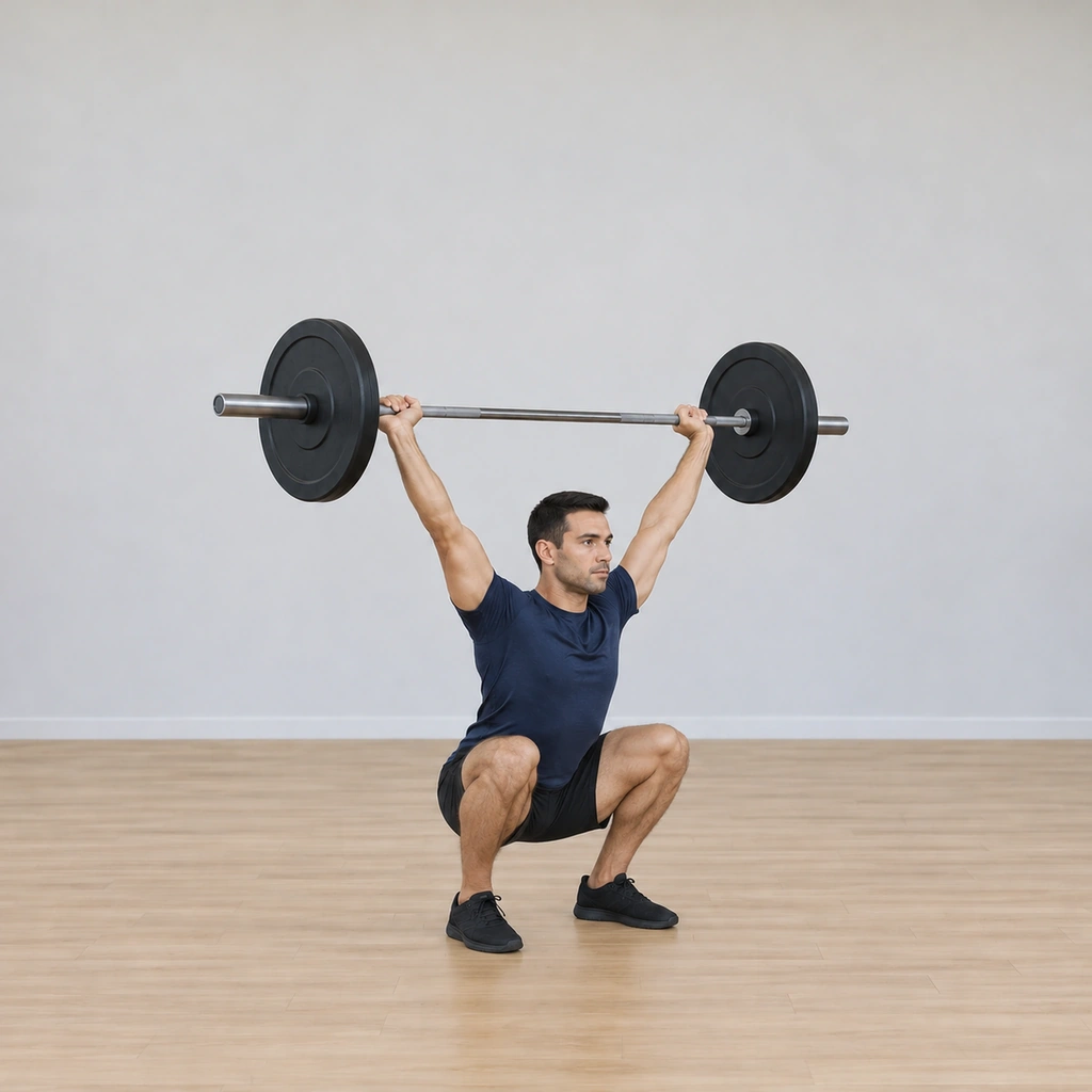 He is paused at the bottom of the squat with his hips below his knees and his thighs against his calves, the barbell still locked overhead, his chest as upright as the depth allows, his heels flat.