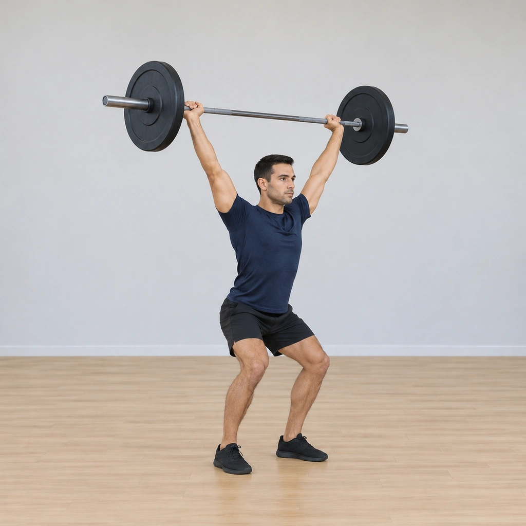 He is paused on the way up with his thighs just short of straight - about three-quarters of the way to standing - the barbell still locked overhead, his knees still tracking out over his toes, his chest upright.