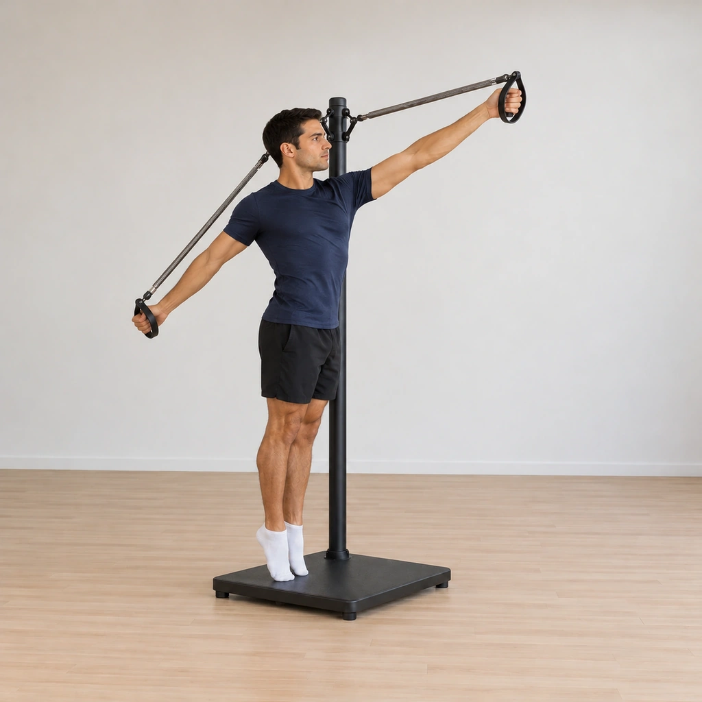 He rotates his chest around the pole to the left, staying on the balls of his feet, his left arm swept up and forward and his right arm drawn down and back against the springs.
