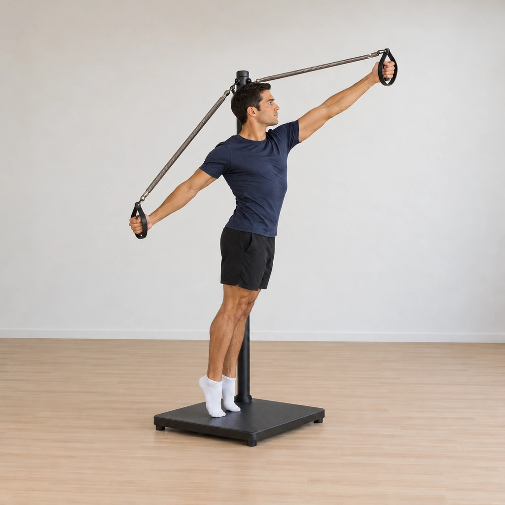 He holds the full rotation around the pole, left arm reaching high and forward, right arm low behind, still balanced on his forefeet.